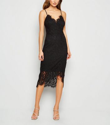 Black Lace Asymmetric Wrap Midi Dress | New Look